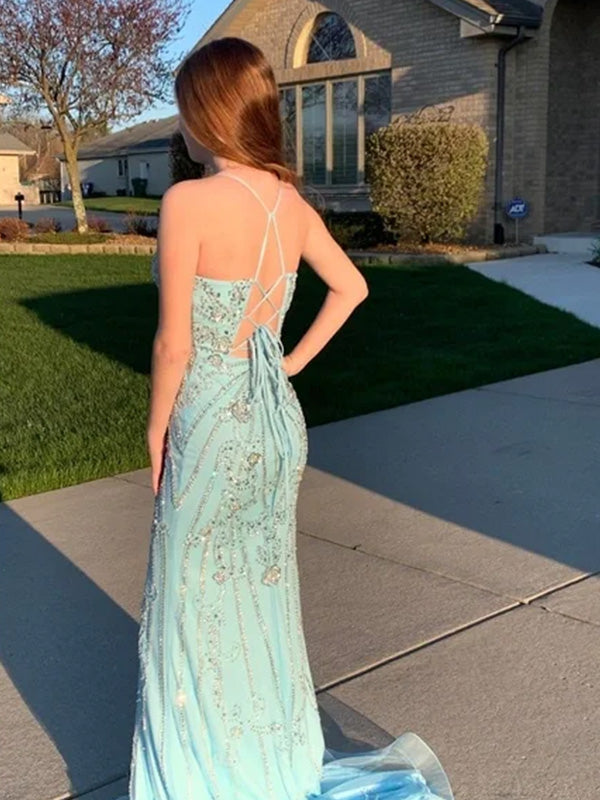 Sexy Spaghetti Strap V-neck Mermaid Sleeveless With Trailing Long Prom Dresses For Party, PG94