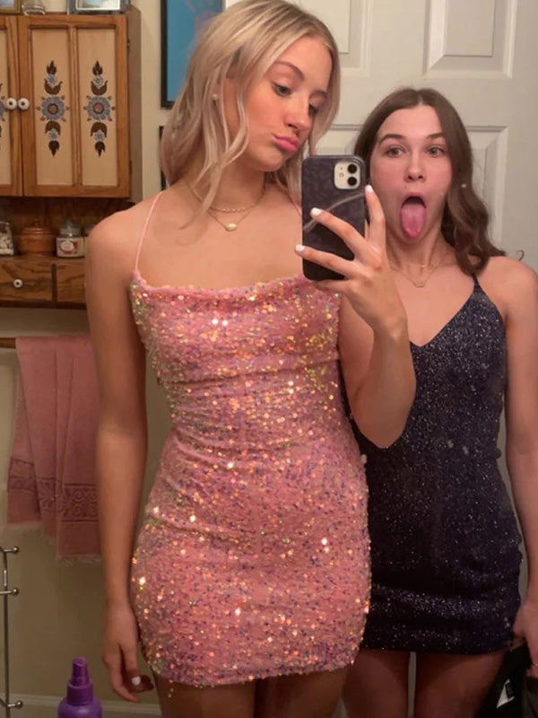 Sexy Spaghetti Strap Sleeveless Mermaid Sequin Pink Short Homecoming Dresses For Party, PGH398