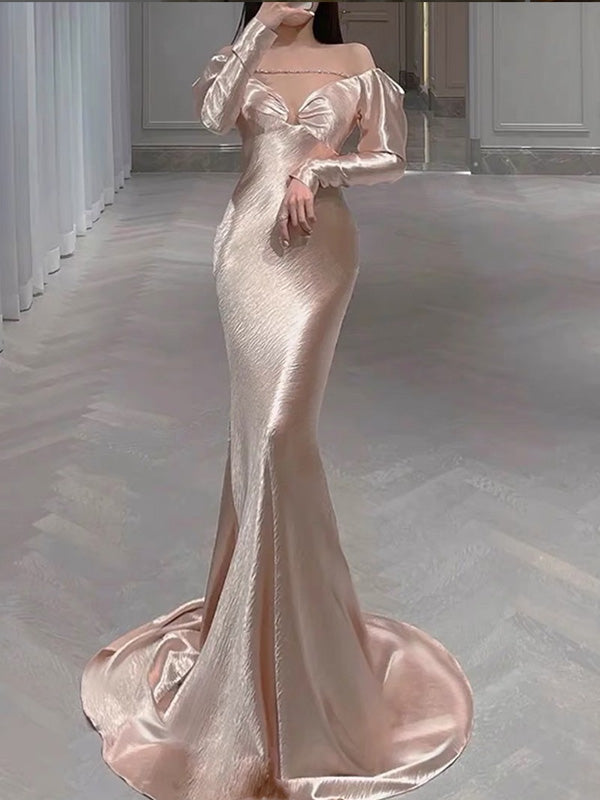Soft Off-shoulder Full Sleeve A-line Satin Long Prom Dresses For Party, PG577