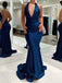 Sexy Halter V-neck Sleeveless Mermaid Satin Long Prom Dresses With Trailing For Party, PG258