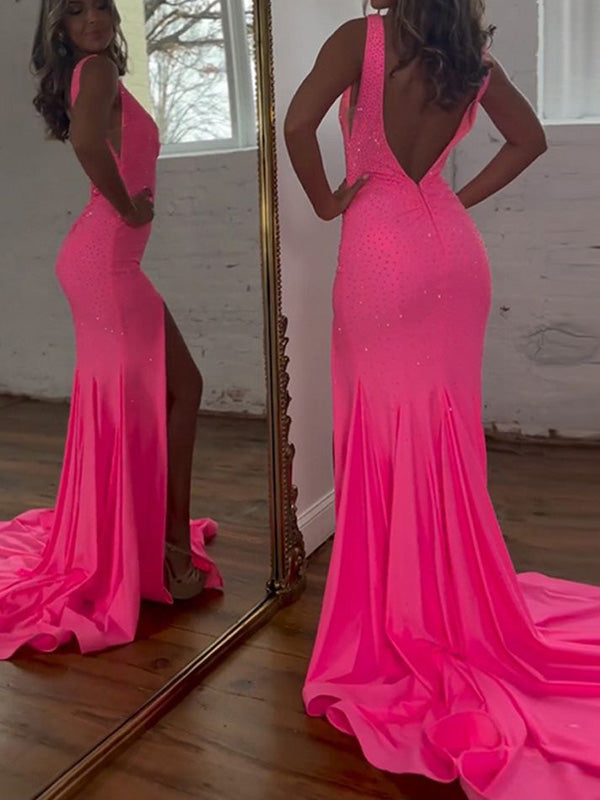 Sexy V-neck Sleeveless Mermaid Long Prom Dresses With Trailing For Party, PG174