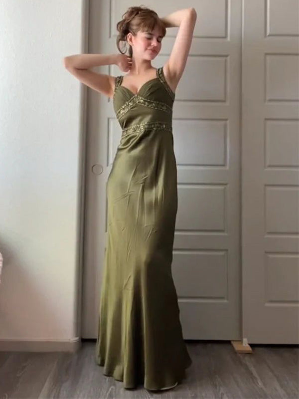 Soft Spaghetti Strap Sleeveless Mermaid Satin Long Prom Dresses For Party, PG588