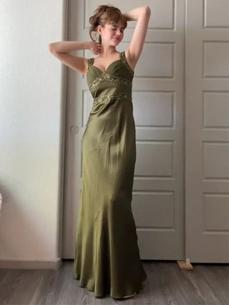 Soft Spaghetti Strap Sleeveless Mermaid Satin Long Prom Dresses For Party, PG588