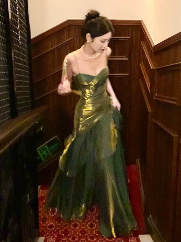 Elegant Spaghetti Strap Sleeveless Mermaid Satin Green Long Prom Dresses For Party, PG508
