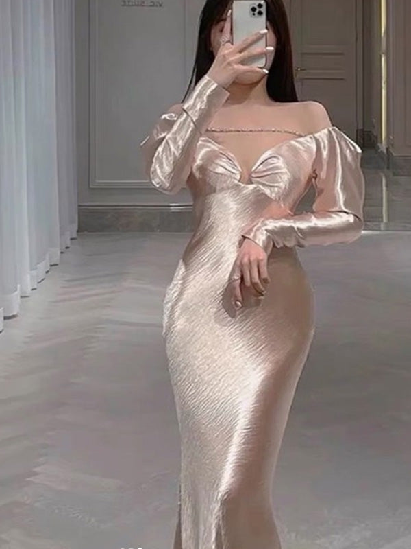 Soft Off-shoulder Full Sleeve A-line Satin Long Prom Dresses For Party, PG577