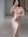 Soft Off-shoulder Full Sleeve A-line Satin Long Prom Dresses For Party, PG577