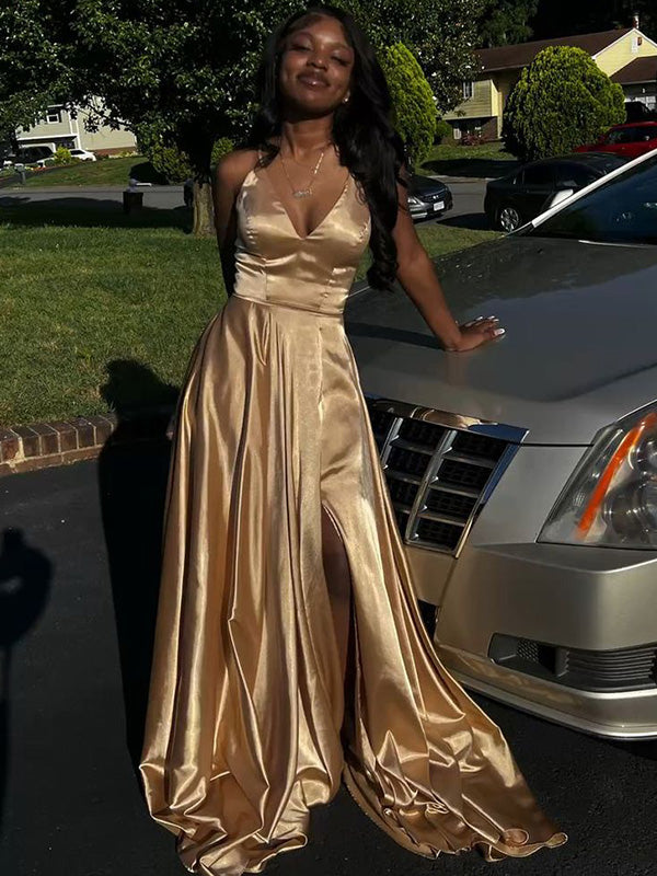 Sexy Spaghetti Strap Sleeveless A-line Satin Long Prom Dresses For Party, PG484