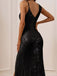 Sexy V-neck  Sleeveless Mermaid Black Long Prom Dresses with Front Split,PG20