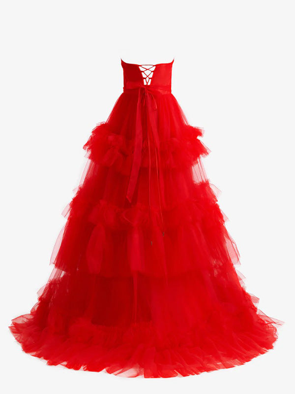 Formal Gown Sweetheart Sleeveless A-line Tulle Ruffles Long Prom Dresses For Party, PG478