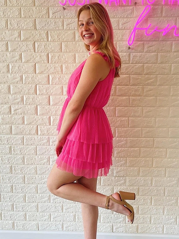 Simple V-neck Sleeveless Tulle A-line Ruffles Homecoming Dresses For Party, PGH346
