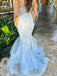 Gorgeous Spaghetti Strap Sleeveless Lace Mermaid Tulle Long Prom Dresses With Trailing For Party, PG238