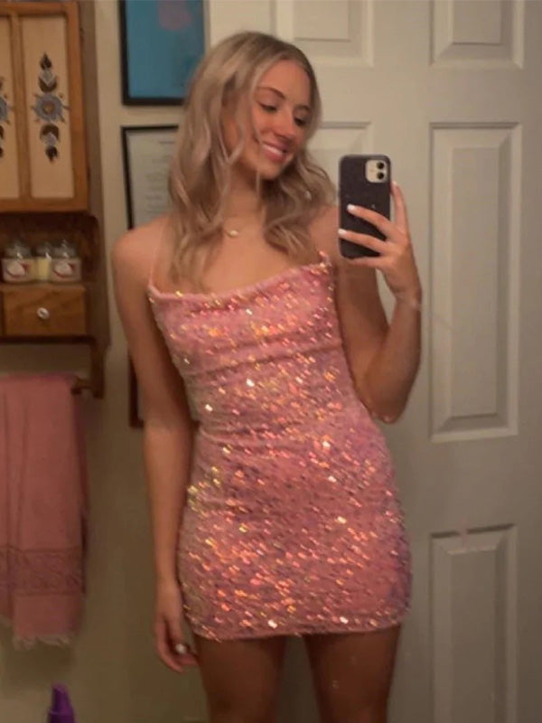 Sexy Spaghetti Strap Sleeveless Mermaid Sequin Pink Short Homecoming Dresses For Party, PGH398