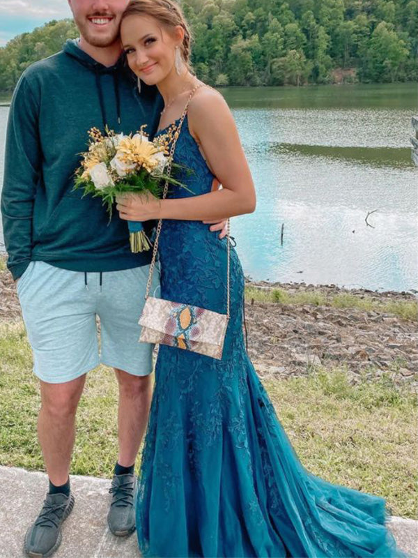 Elegant Spaghetti Strap Sleeveless Mermaid Lace Long Prom Dresses For Party, PG524