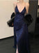 Sexy Spaghetti Strap V-neck Sleeveless Mermaid Sequin Dark Blue Long Prom Dresses With Slit For Party, PG450