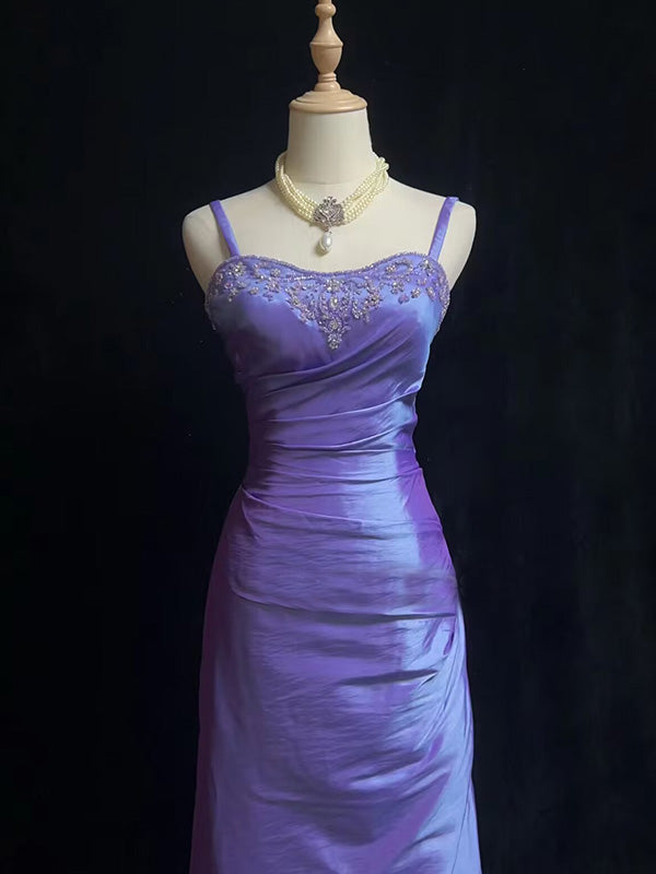 Sexy Spaghetti Strap Sleeveless Mermaid Satin Long Prom Dresses With Slit For Party, PG294