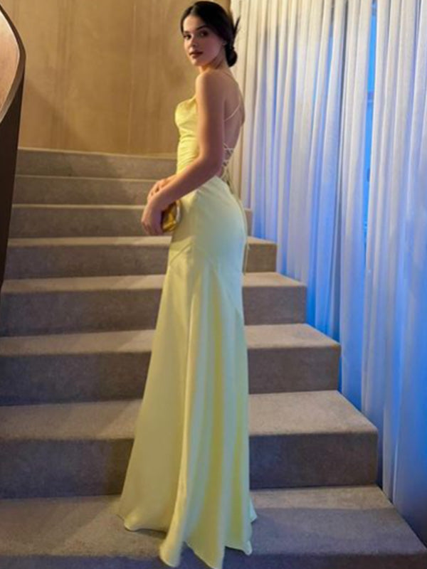 Soft Spaghetti Strap Sleeveless Mermaid Satin Long Prom Dresses For Party, PG669