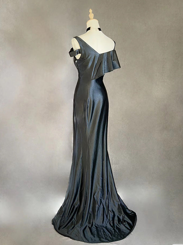 Sexy V-neck Sleeveless Mermaid Satin Long Prom Dresses With Trailing For Party, PG278