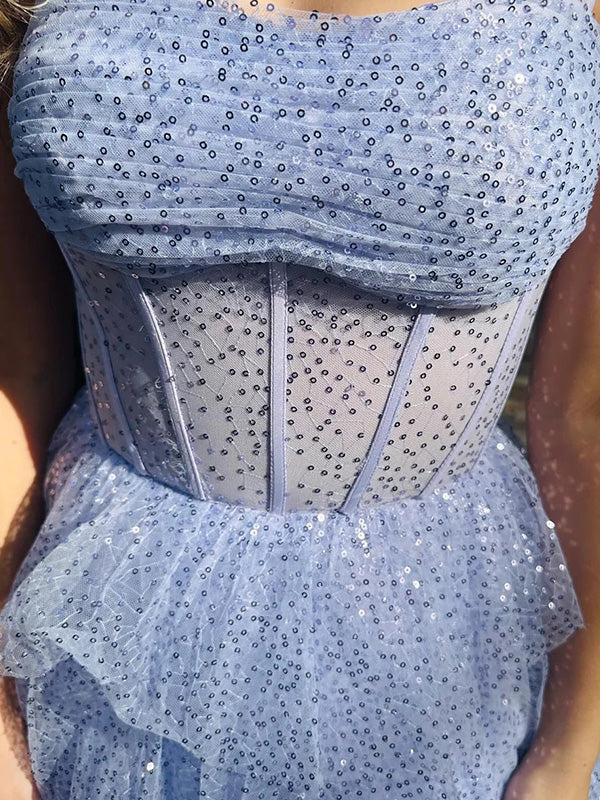 Elegant Spaghetti Strap Sleeveless Ruffles A-line Sequin Long Prom Dresses For Party, PG234