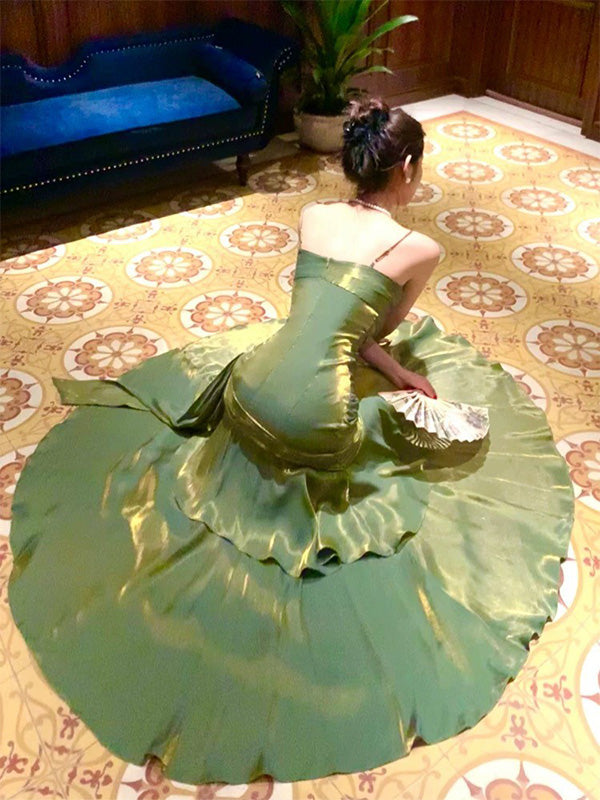 Elegant Spaghetti Strap Sleeveless Mermaid Satin Green Long Prom Dresses For Party, PG508