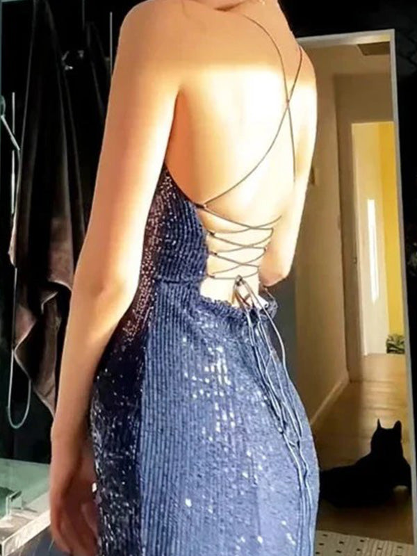 Sexy Spaghetti Strap V-neck Sleeveless Mermaid Sequin Dark Blue Long Prom Dresses With Slit For Party, PG450