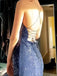 Sexy Spaghetti Strap V-neck Sleeveless Mermaid Sequin Dark Blue Long Prom Dresses With Slit For Party, PG450