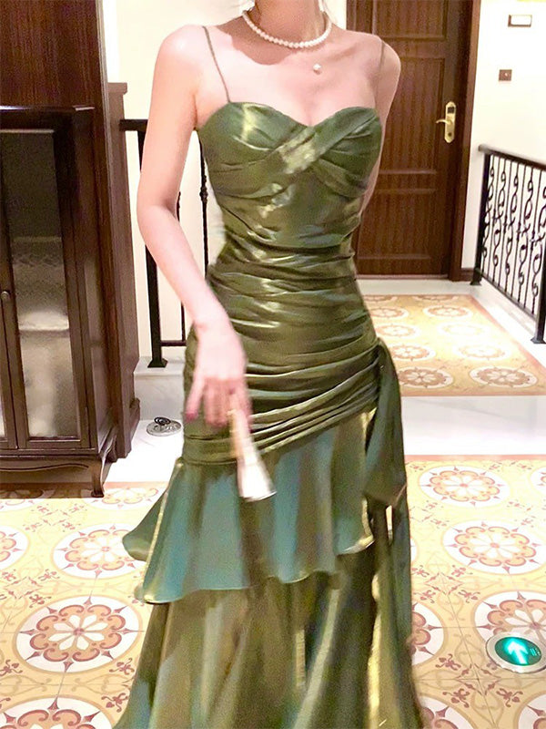 Elegant Spaghetti Strap Sleeveless Mermaid Satin Green Long Prom Dresses For Party, PG508