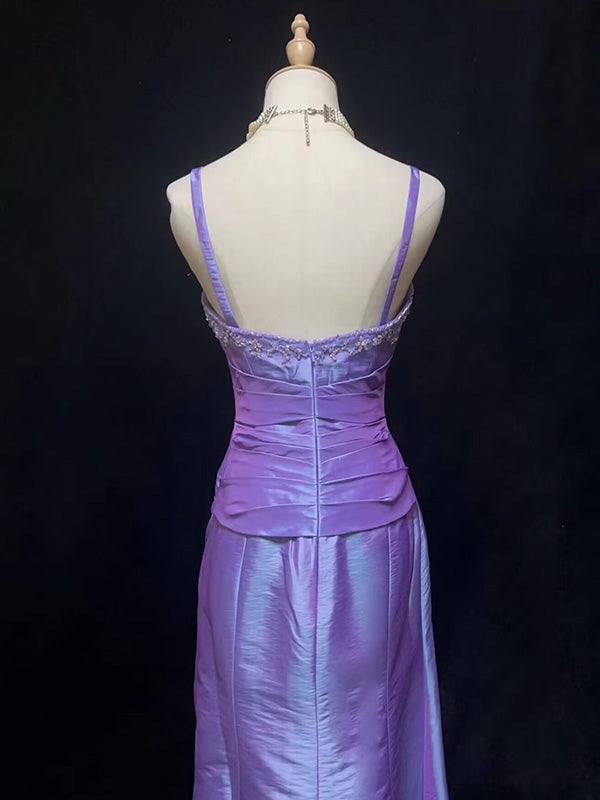 Sexy Spaghetti Strap Sleeveless Mermaid Satin Long Prom Dresses With Slit For Party, PG294