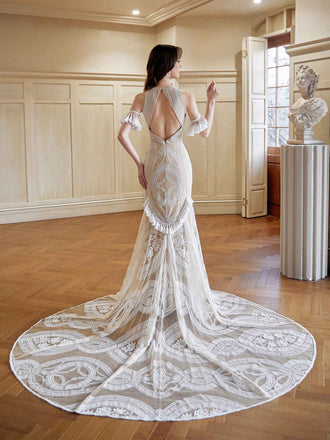 Elegant Halter Sleeveless Mermaid White Long Wedding Dresses With Trailing, PGW15