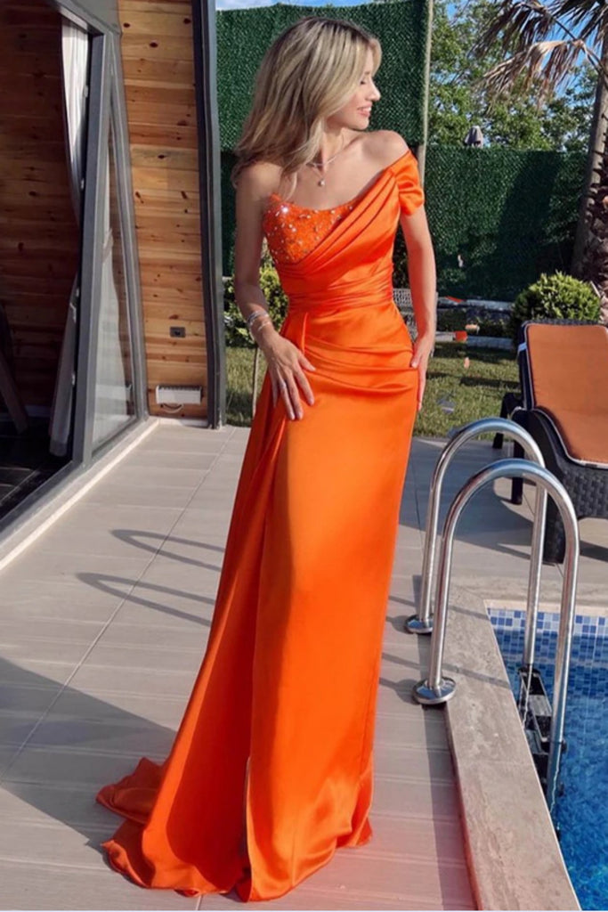 Soft One shoulder Sleeveless Mermaid Satin Long Prom Dresses For Party, PG632