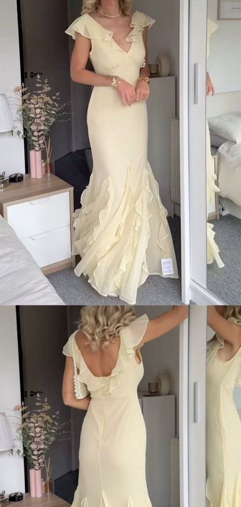 Sexy V-neck Sleeveless Mermaid Chiffon Long Prom Dresses For Party, PG782