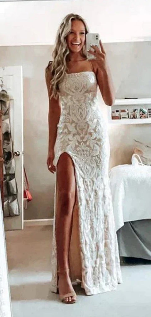 Elegant Spaghetti Strap Sleeveless Mermaid Lace Long Prom Dresses With Slit For Party, PG350