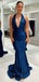 Sexy Halter V-neck Sleeveless Mermaid Satin Long Prom Dresses With Trailing For Party, PG258