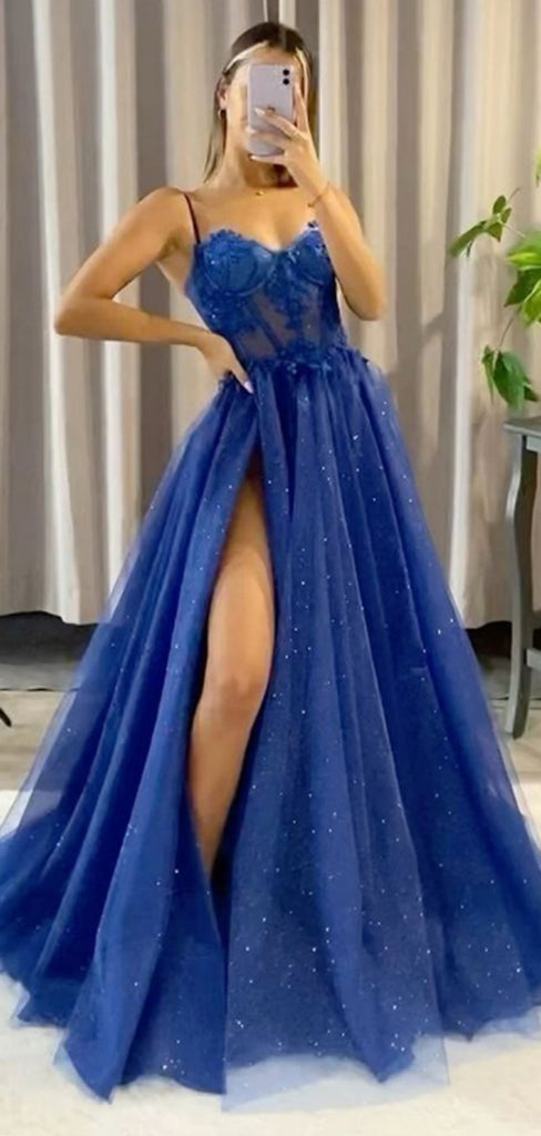 Elegant Spaghetti Strap Sleeveless A-line Tulle Long Prom Dresses With Slit For Party, PG430