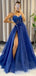 Elegant Spaghetti Strap Sleeveless A-line Tulle Long Prom Dresses With Slit For Party, PG430