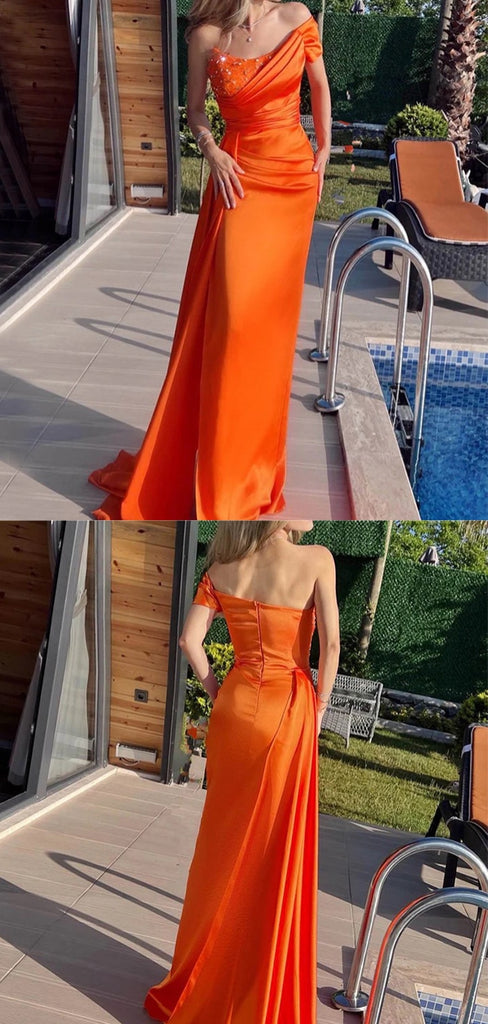 Soft One shoulder Sleeveless Mermaid Satin Long Prom Dresses For Party, PG632