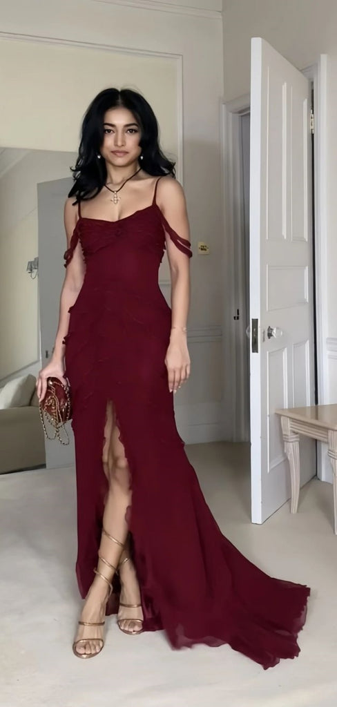 Sexy Spaghetti Strap Sleeveless Mermaid Chiffon Long Prom Dresses For Party, PG750