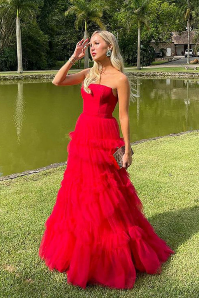 Formal Gown Sweetheart Sleeveless A-line Tulle Ruffles Long Prom Dresses For Party, PG478