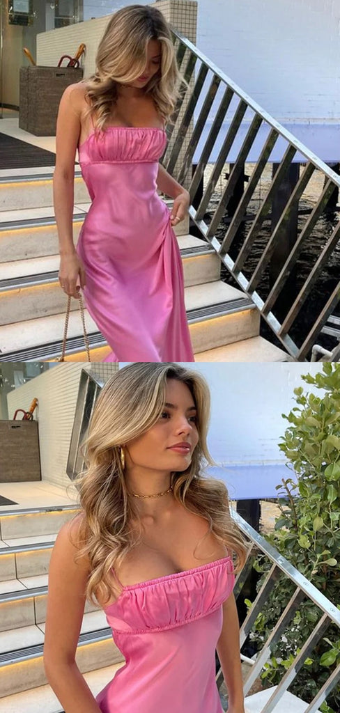 Soft Spaghetti Strap Sleeveless Mermaid Satin Long Prom Dresses For Party, PG414