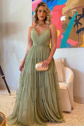 Soft V-neck Sleeveless A-line Tulle Long Prom Dresses For Party, PG883