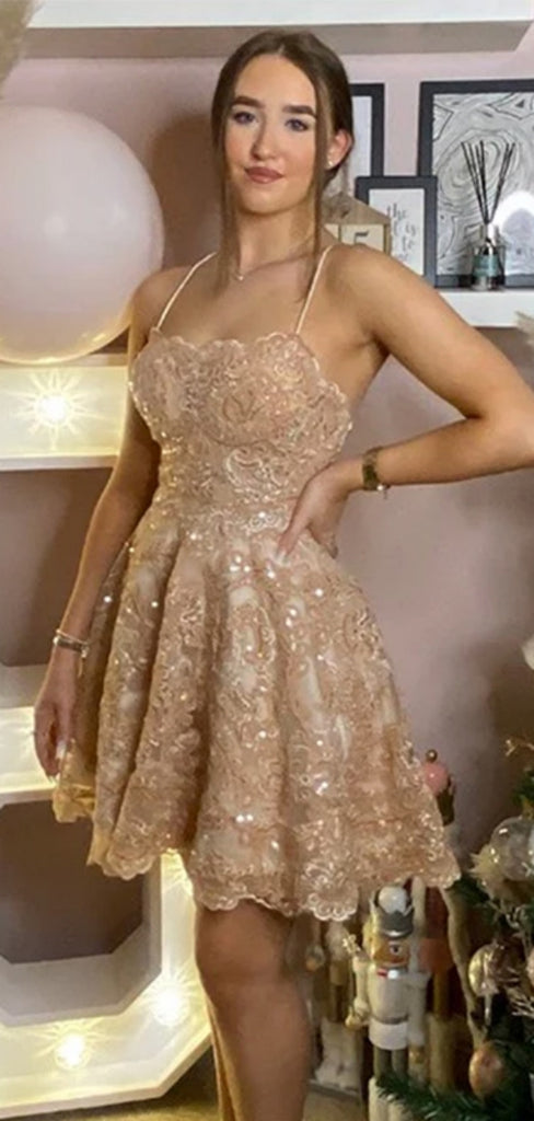 Elegant Spaghetti Strap Sleeveless Short A-line Lace Homecoming Dresses For Party, PGH306