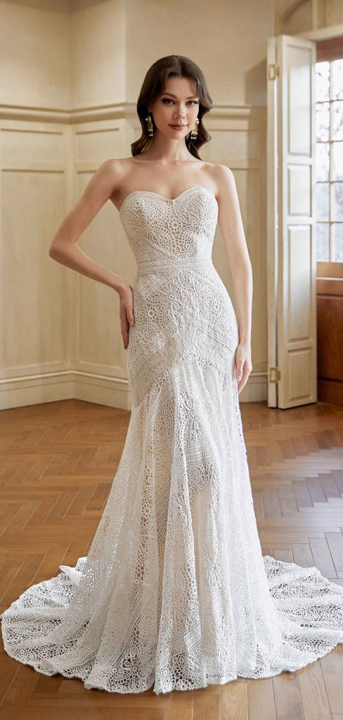 Gorgeous Sweetheart Sleeveless Mermaid White Long Wedding Dresses With Trailing, PGW14