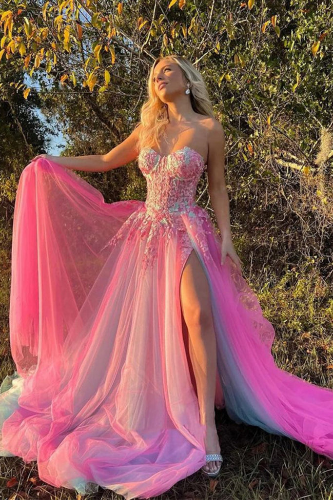 Elegant Sweetheart Sleeveless A-line Tulle Long Prom Dresses For Party, PG572