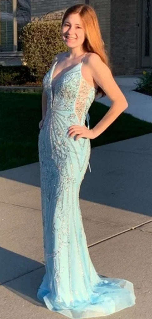 Sexy Spaghetti Strap V-neck Mermaid Sleeveless With Trailing Long Prom Dresses For Party, PG94