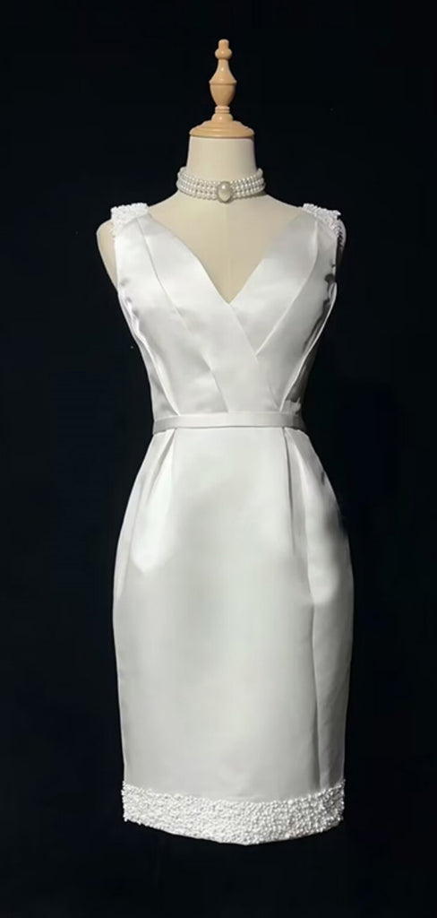 Simple V-neck Sleeveless mermaid Satin White Homecoming Dresses For Party, PGH302