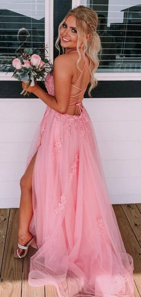 Elegant Spaghetti Strap Sleeveless A-line Tulle Long Prom Dresses With Slit For Party, PG274