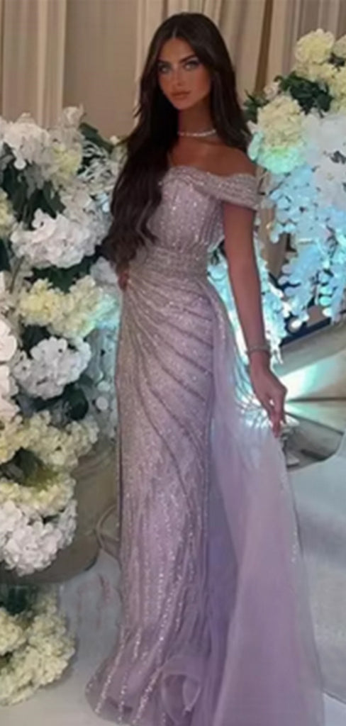 Elegant Off-shoulder Sleeveless Mermaid Tulle Long Prom Dresses For Party, PG624