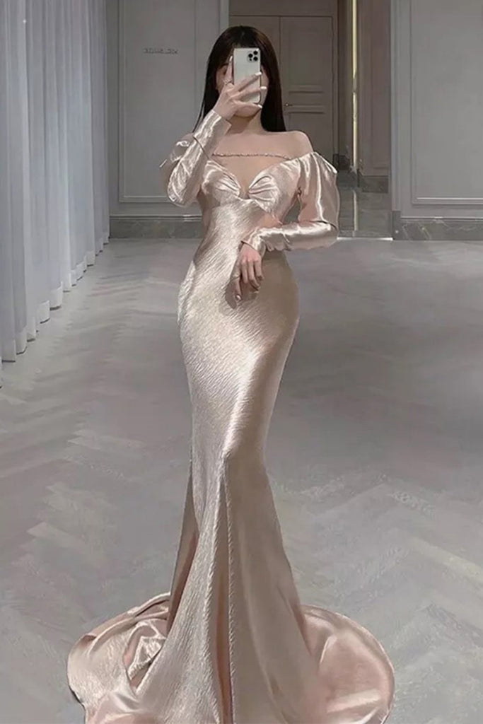Soft Off-shoulder Full Sleeve A-line Satin Long Prom Dresses For Party, PG577