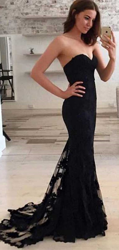 Sexy Sweetheart Sleeveless Mermaid Lace Tulle Black Long Prom Dresses For Party, PG366