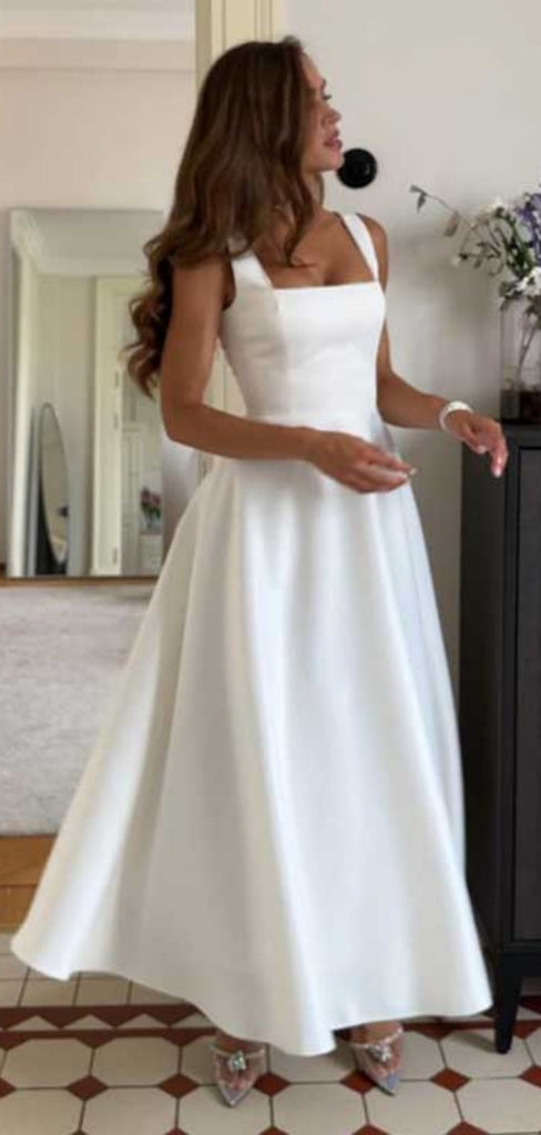 Soft Square Sleeveless A-line Satin Long Prom Dresses For Party, PG406