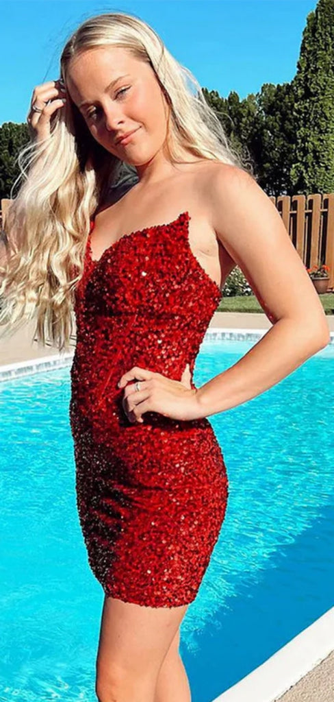 Shiny V-neck Sleeveless Short Sequin Mermaid Red Homecoming Dresses For Party, PGH198